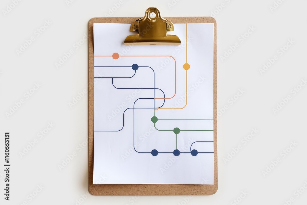 Poster Abstract illustration of interconnected lines and dots on a clipboard, symbolizing network connections or process flow.