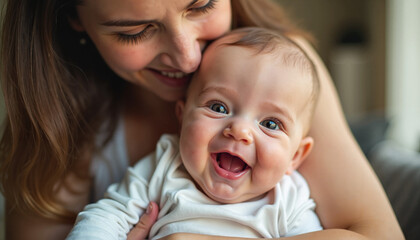 Happy mother smiling with baby in cozy indoor setting