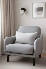 Cozy modern gray armchair in minimalist living room soft lighting elegant design style