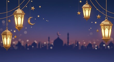 a festive and serene Ramadan decoration. It showcases beautifully lit lanterns and ornaments against with a beautiful background. The decorations hang from the top