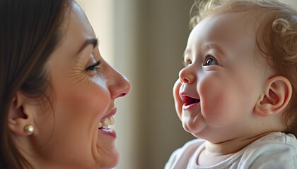 Mother and baby smiling at each other indoors