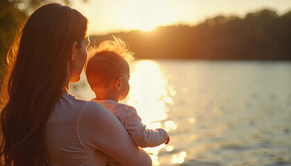 Mother holding baby watching sunset by the lake