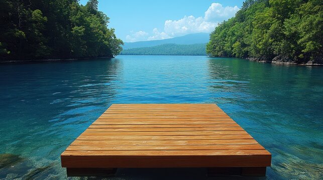 A serene wooden dock extending over calm blue waters surrounded by lush greenery.