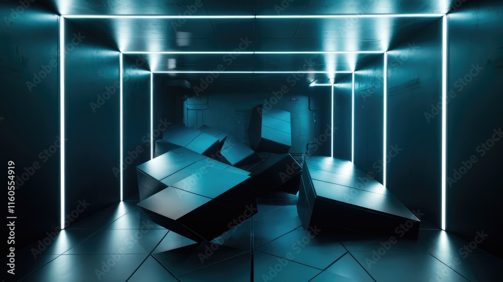 Poster Futuristic room with neon lights and scattered dark cubes, creating a mysterious and abstract scene.