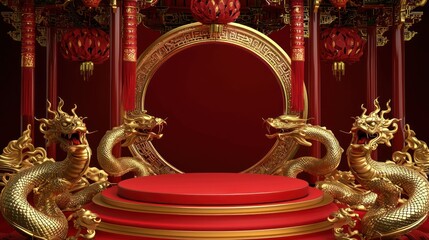Obraz premium Festive Chinese New Year Golden Dragon Stage Red Gold Decor Celebration