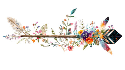 hand painted boho arrow adorned with vibrant floral and feather designs, showcasing nature beauty © ChaokuayOfficial