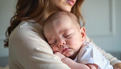 Mother holding sleeping baby in soft light