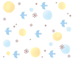 北欧風の鳥とドットの水彩イラスト　シームレスパターン