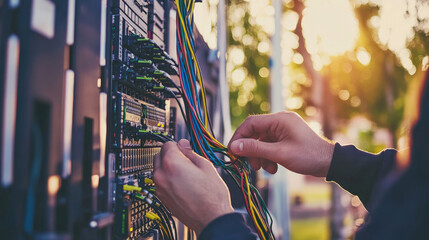 Technician in modern office maintaining network server, surrounded by cables and routers, showcasing focus and professionalism in IT infrastructure management.