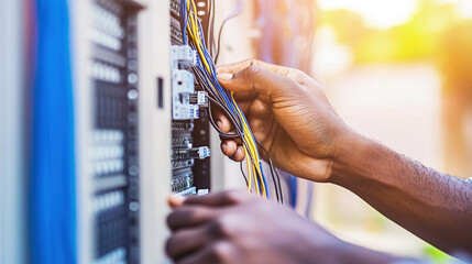 Technician in modern office maintaining network server, surrounded by cables and routers, showcasing focus and professionalism in IT infrastructure management.