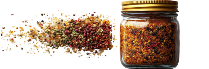 Spice Jar Elegance, A sleek glass jar filled with vibrant spices against a clean white backdrop, highlighting culinary simplicity and flavor.