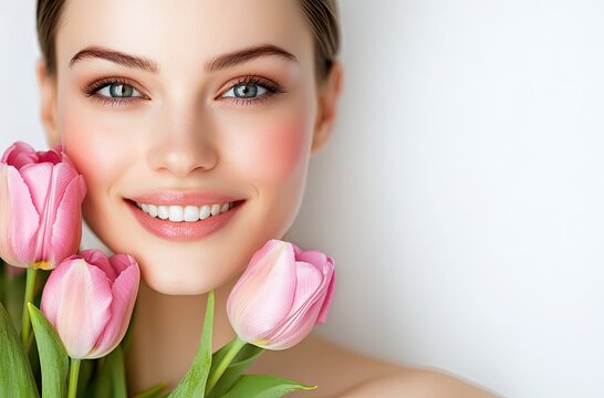 A beautiful woman with clean, fresh skin holds pink tulip flowers, isolated on a white background.