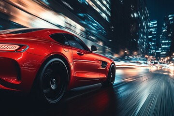 The red luxury car zooms through the city at night. motion redefined. Generative AI