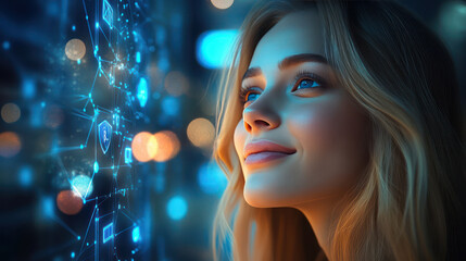 beautiful smiling woman gazes at digital interface filled with glowing connections and data. Her expression reflects curiosity and wonder in futuristic setting