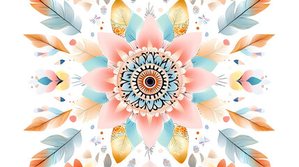 vibrant boho mandala design featuring pastel colors, floral elements, and feathers, creating serene and artistic vibe