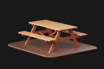 A 3D model of a simple wooden picnic table with benches, ideal for outdoor relaxation.