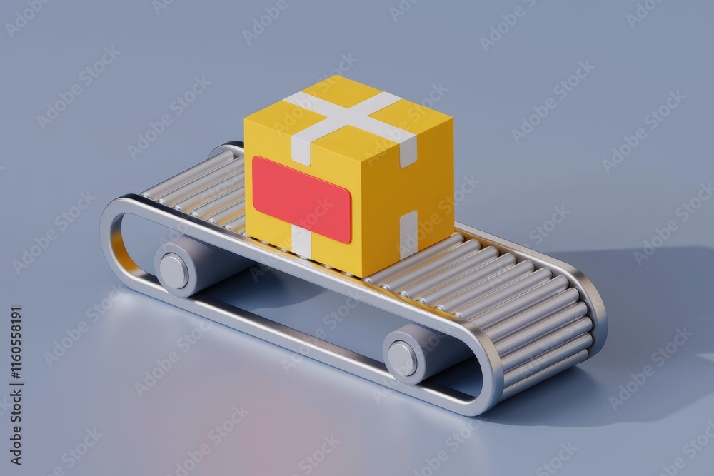 Poster a yellow package moves along a conveyor belt, symbolizing efficient delivery and logistics.