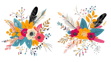 Bright boho floral arrangements with feathers, vibrant colors, and leaves