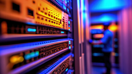 Technician in modern office maintaining network server, surrounded by cables and routers, showcasing focus and professionalism in IT infrastructure management.