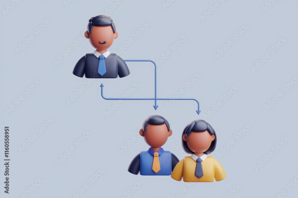 Poster 3D illustration showing a manager overseeing two subordinates, representing a simple organizational structure.