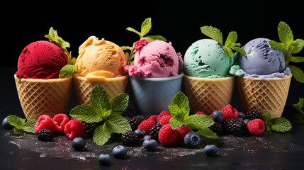 Delicious Summer Ice Cream Variety in White Cups isolated on black background