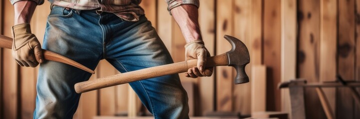 woodworker in a plaid shirt and gloves holds a handcrafted wooden tool in a warm, rustic workshop. Website copy space for text banner