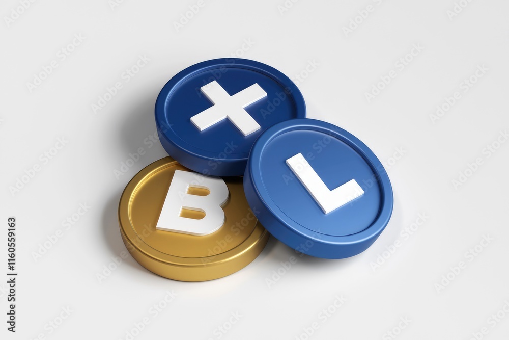 Poster 3D render of blue and gold circular buttons with plus, L, and B symbols, likely representing gaming controller buttons.
