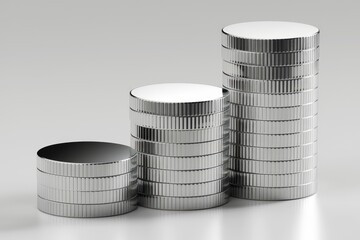 Three stacks of shiny silver coins represent increasing financial growth and wealth.
