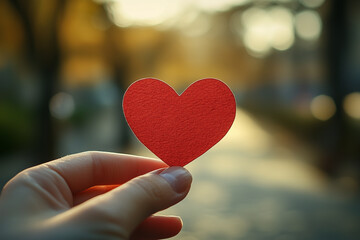 Hand Holding a Red Heart with Blurred Lights in Background