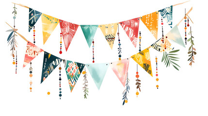 Fototapeta premium Colorful boho bunting with triangular flags and decorative elements. Perfect for festive occasions