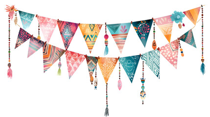 Obraz premium Colorful boho bunting with triangular flags and decorative tassels, perfect for celebrations