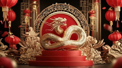 Obraz premium Golden Dragon Red Lanterns Chinese New Year Celebration