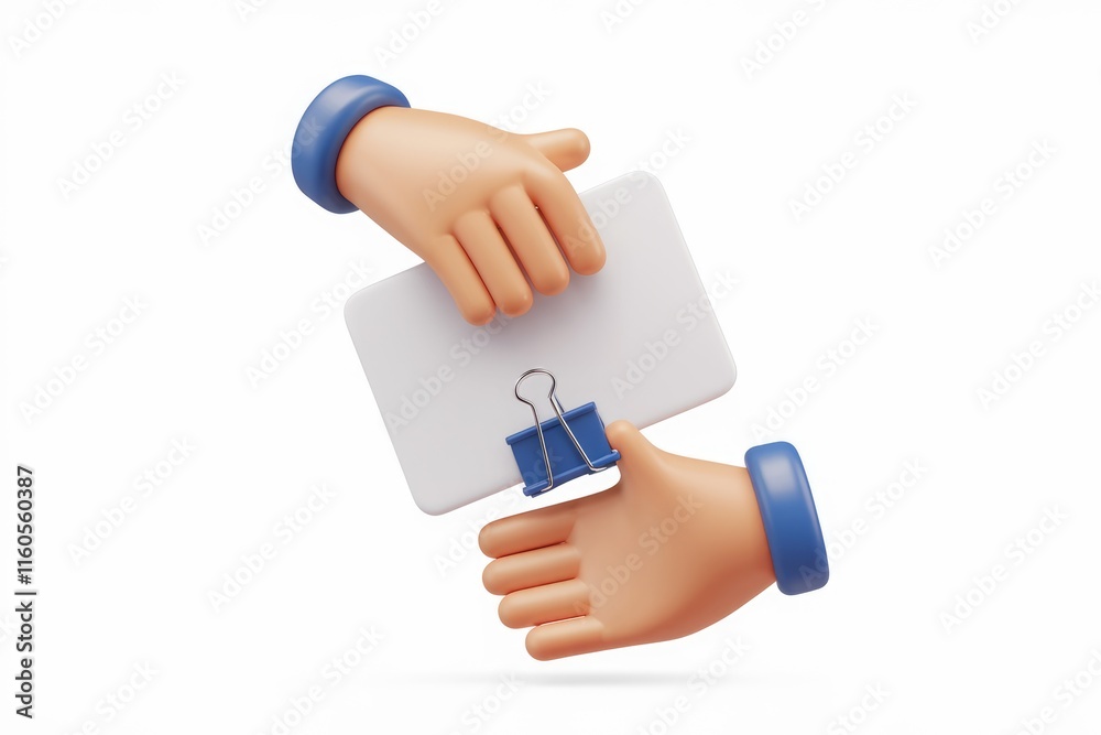 Poster 3d cartoon hands exchanging a blank paperclip-attached note.