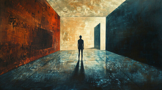 A figure standing alone in an echoing chamber, with shadows dancing around them, symbolizing inner turmoil.