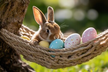 A cute brown bunny resting in a woven hammock surrounded by colorful Easter eggs, set outdoors in a sunny, green environment.