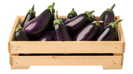 Eggplants in Wooden Crate: Fresh, ripe eggplants in a rustic wooden crate, ready for market or kitchen use.  A vibrant still life image showcasing the rich purple hues of the vegetables.