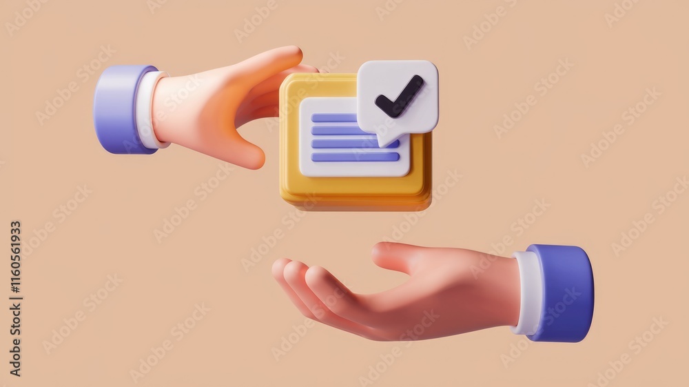 Poster 3D rendering of hands exchanging a checklist icon, symbolizing task completion and collaboration.