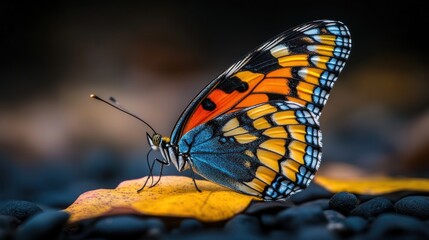Obraz premium A vibrant butterfly perched on a yellow leaf among dark pebbles, showcasing nature's beauty.