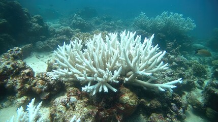 Bleached Coral Reef: A stark underwater scene reveals a bleached coral colony, its once vibrant hues faded to a ghostly white.