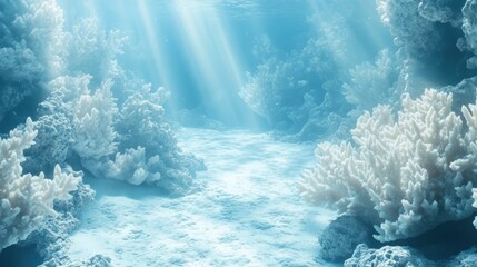 Underwater Coral Reef: Sunbeams pierce the tranquil blue water, illuminating a vibrant underwater scene of delicate white coral formations.  A serene and captivating view of ocean life.