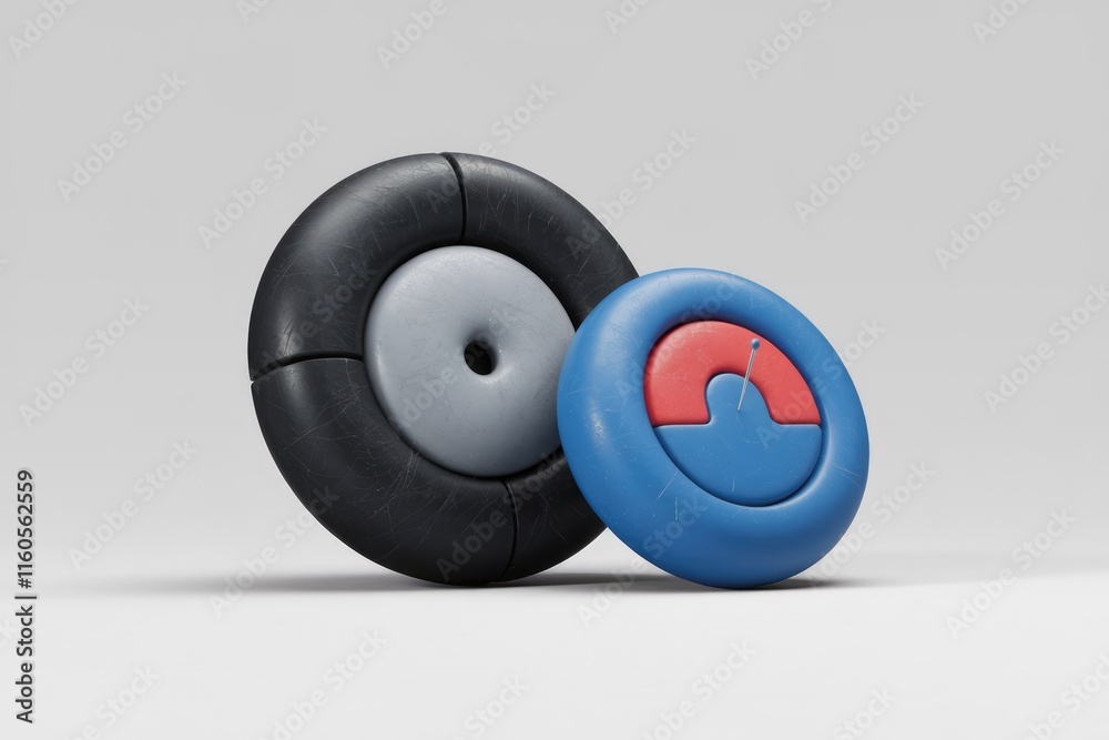 Aufkleber abstract 3d rendering of two textured circular objects, one black and gray, the other blue and red, 