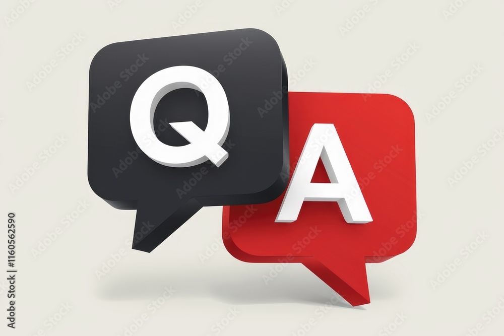 Poster 3D rendered Q&A speech bubbles represent questions and answers, symbolizing support, help, and knowledge.
