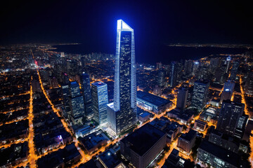 Vibrant cityscape at night with angular skyscraper and lights