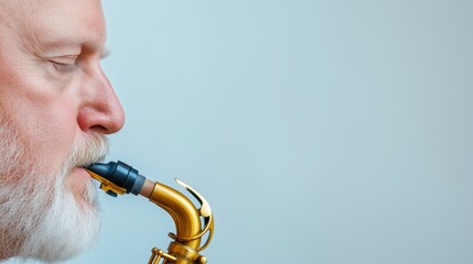 Close Up of Elderly Man Playing Saxophone with Focus on Instrument Details Against Soft Blue Background for Music Enthusiasts and Creative Professionals in Art and Music Industries