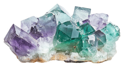 Fototapeta premium Vibrant Fluorite Cluster: A captivating cluster of fluorite crystals in mesmerizing shades of green and purple. The intricate details and gemstone textures are highlighted.
