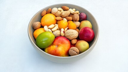 Vibrant bowl of fresh fruits and nuts showcasing a healthy and delicious assortment of colors and textures.