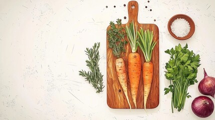 Fresh and Organic Farm-to-Table Meal Preparation - Vibrant 2D Flat Illustration of Cutting Board with Herbs and Vegetables