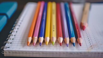 Fototapeta premium A set of bright colored pencils and a ruler placed neatly on a white notebook