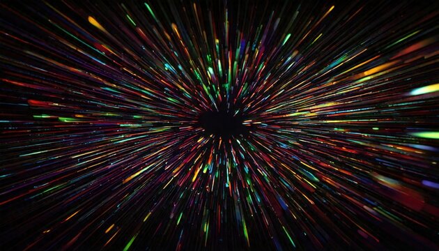 光と色の爆発が中心から放射され、プリズムや屈折のような壮観な視覚効果を生み出します。虹色の光線が暗い背景に広がり、影と輝きのコントラストを際立たせています。この画像はエネルギー、美しさ、驚異の感覚を伝え、星、銀河、または砕けたクリスタルのイメージを呼び起こします。

