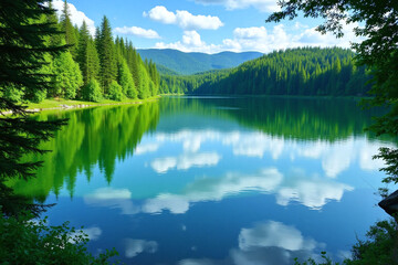 Tranquil lake surrounded by dense forest reflecting greenery